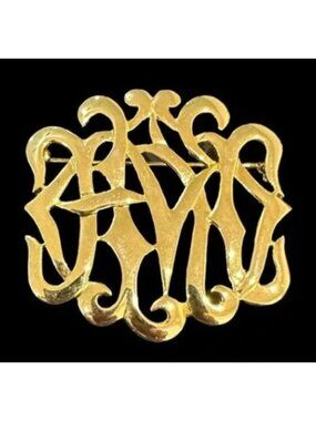 M JENT Signed Brooch Vintage Gold Tone Art Nouveau Ribbon Scroll 2 Inch Width